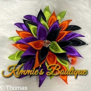 Lime green, orange, black and purple Flower Brooch - Ribbon Flower Brooch
